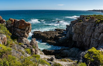 Betagende udsigt fra kyststien i Hermanus på Hvalkysten i Sydafrika med blåt hav og dramatiske klipper