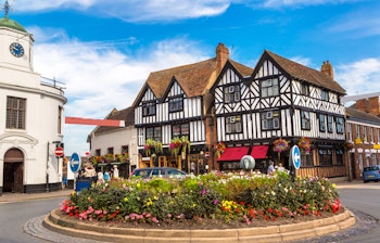 Charmerende historisk bindingsværkshus i Tudor-stil fra Stratford-upon-Avon, Shakespeares fødeby i England