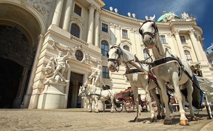 Traditionel hestevogn foran det historiske Hofburg-palads i Wien, Østrig - en klassisk turistoplevelse