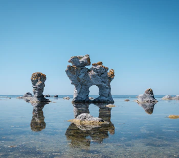 Naturlig hundeformet stenformation ved kysten på Fårö, Gotland i Sverige med blåt vand og klar himmel
