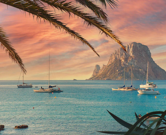 Spektakulær solnedgang over Es Vedra klippe med sejlbåde i turkisblåt middelhav, Ibiza Baleariske Øer