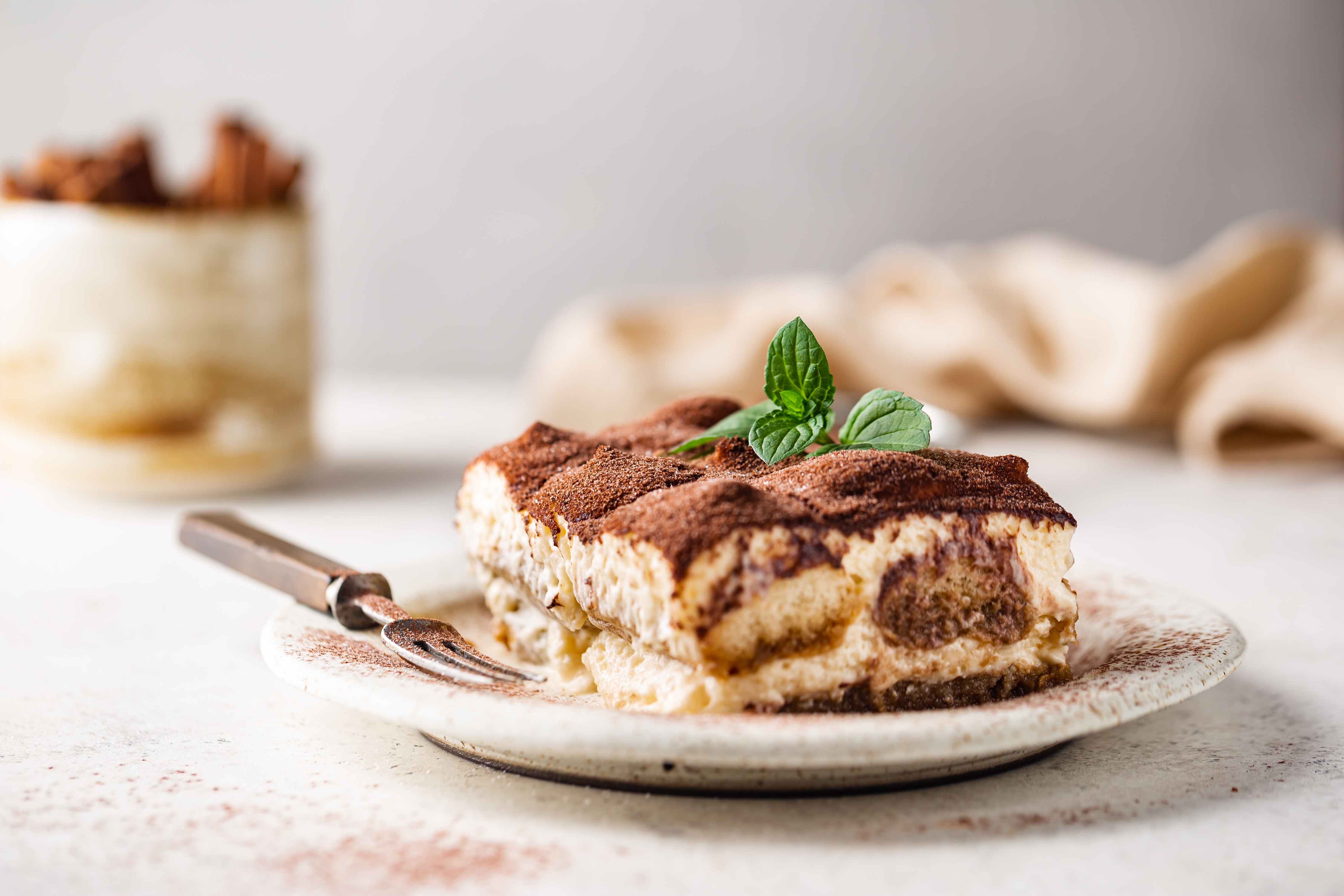 Klassisk italiensk tiramisu med kakaopulver og frisk mynte på hvid keramisk tallerken