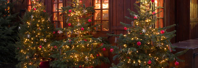 Hyggelig julebod med lysende juletræer og festlige dekorationer