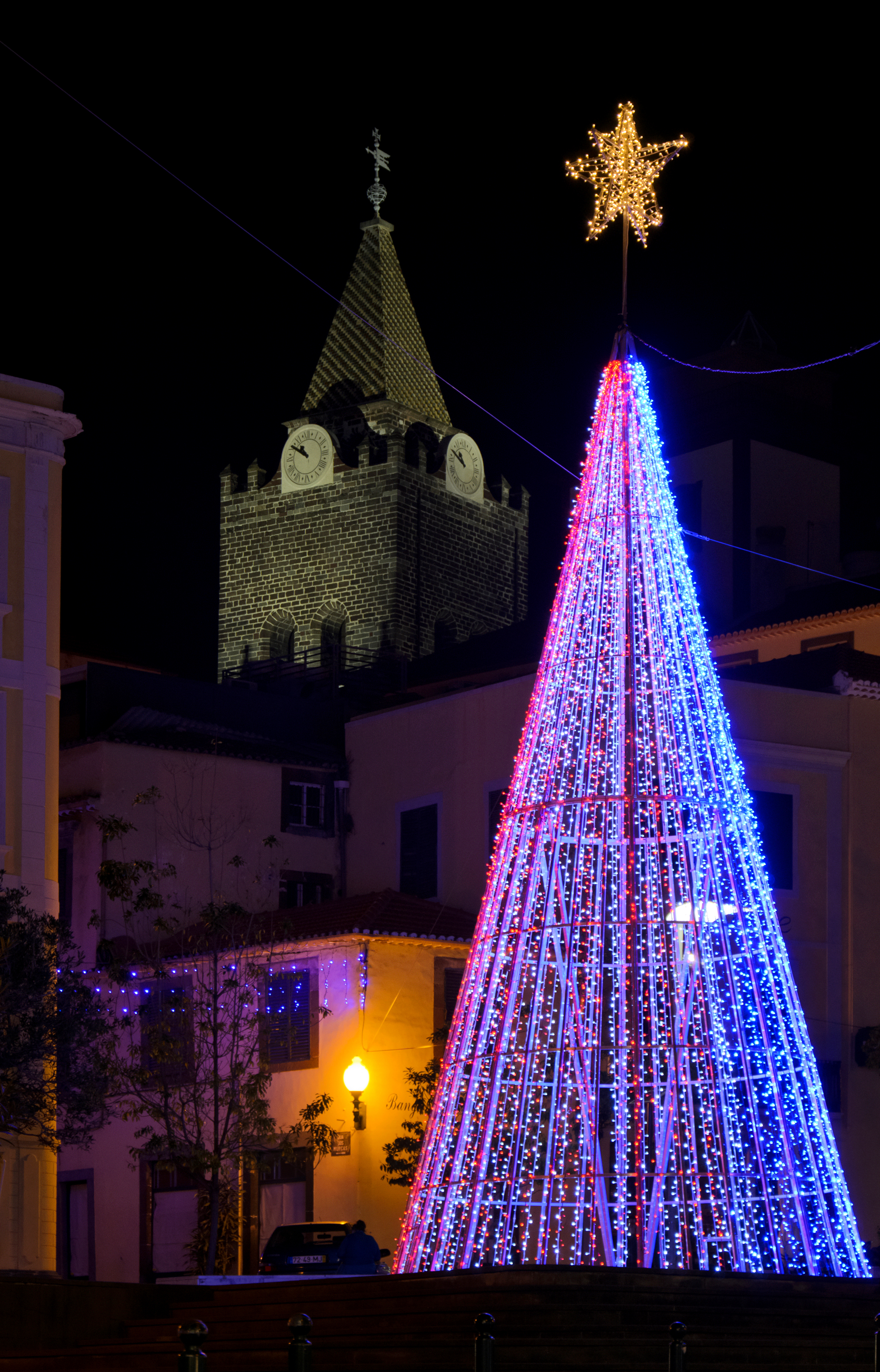 Farverigt oplyst juletræ med blå og pink lys samt guldstjerne i Funchal på Madeira om natten med historisk klokketårn i baggrunden