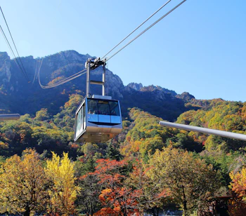 Kabelbane der svæver over efterårsfarvet skov i Seoraksan Nationalpark i Sydkorea med imponerende bjergtinder i baggrunden