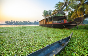 Traditionel husbåd på Keralas backwaters med åkander ved solnedgang nær Alleppey i Sydindien