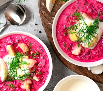 Traditionel litauisk kold rødbedesuppe Šaltibarščiai med kefir, agurk, æg og dild serveret i hvid skål, en populær sommerret i Baltikum