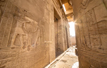 Smukke hieroglyffer og reliefskulpturer af egyptiske guder på stenvæggene i Kom Ombo templet ved Nilen i Egypten