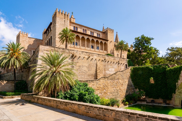 Det kongelige palads La Almudaina i Palma de Mallorca med imponerende stenværk, gotisk arkitektur og frodige palmer under en skyfri blå himmel