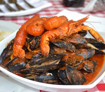 Traditionel kroatisk havmad fra Istrien - Adriaterhavets rejer og muslinger i rød vin buzara sauce serveret på hvid tallerken