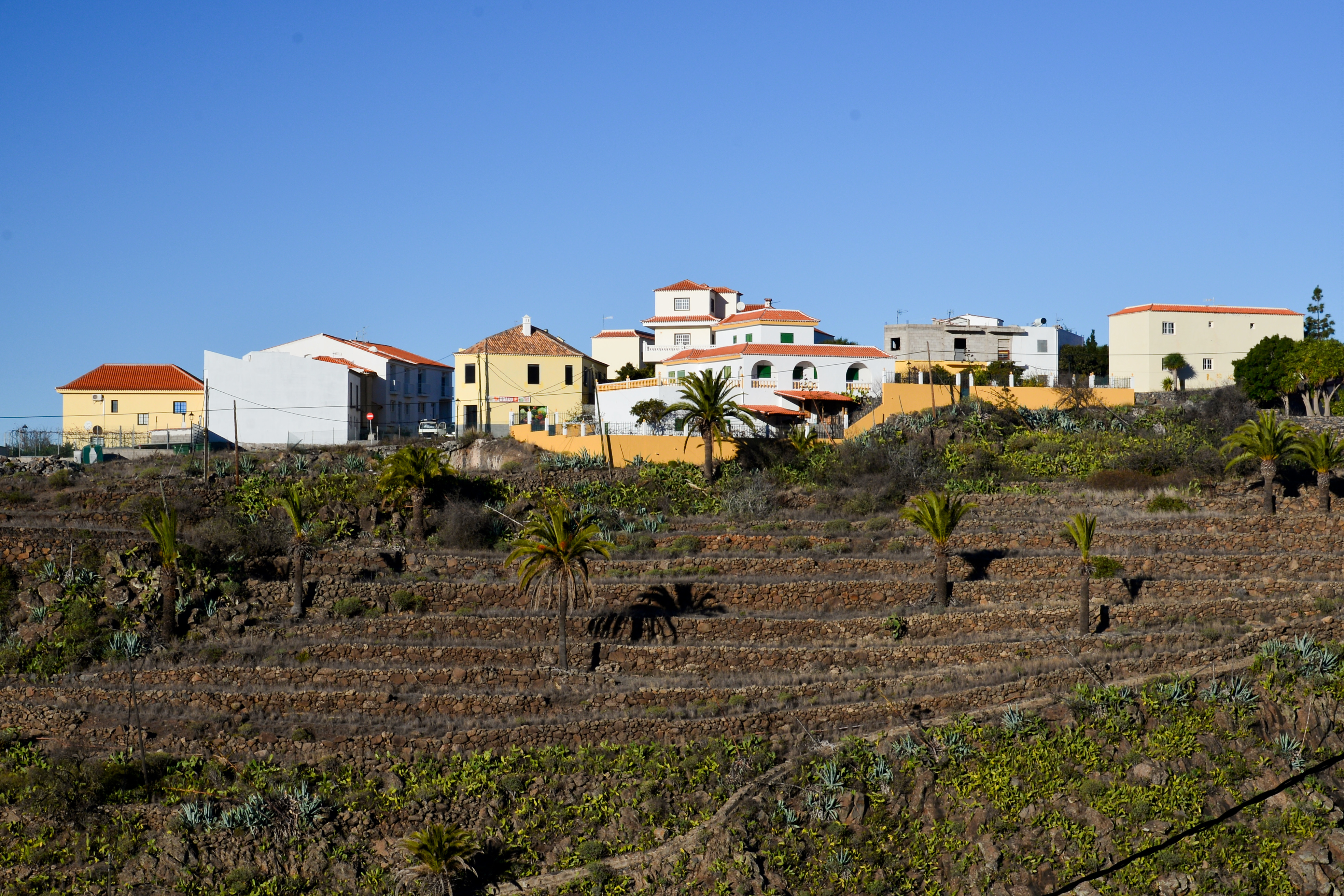 Traditionel landsby på La Gomera med terrassemarker langs vandreruten fra Alajeró til Imada gennem Barranco de Guarimiar