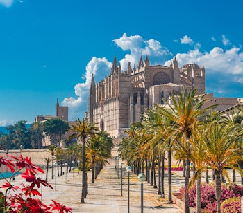Imponerende udsigt over La Seu katedralen, et gotisk mesterværk der majestætisk rejser sig over vandkanten i Palma de Mallorca med det blå Middelhav i forgrunden