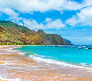 Den gyldne sandstrand Las Teresitas med palmetræer og bjerge i baggrunden på Tenerife, De Kanariske Øer