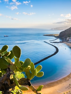 Smuk udsigt over Las Teresitas stranden med gylden sand og azurblåt hav i Santa Cruz de Tenerife, De Kanariske Øer