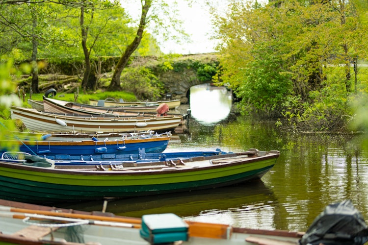 Udlejningsbåde ved kaj i Lough Leane, Killarney National Park, Irland.