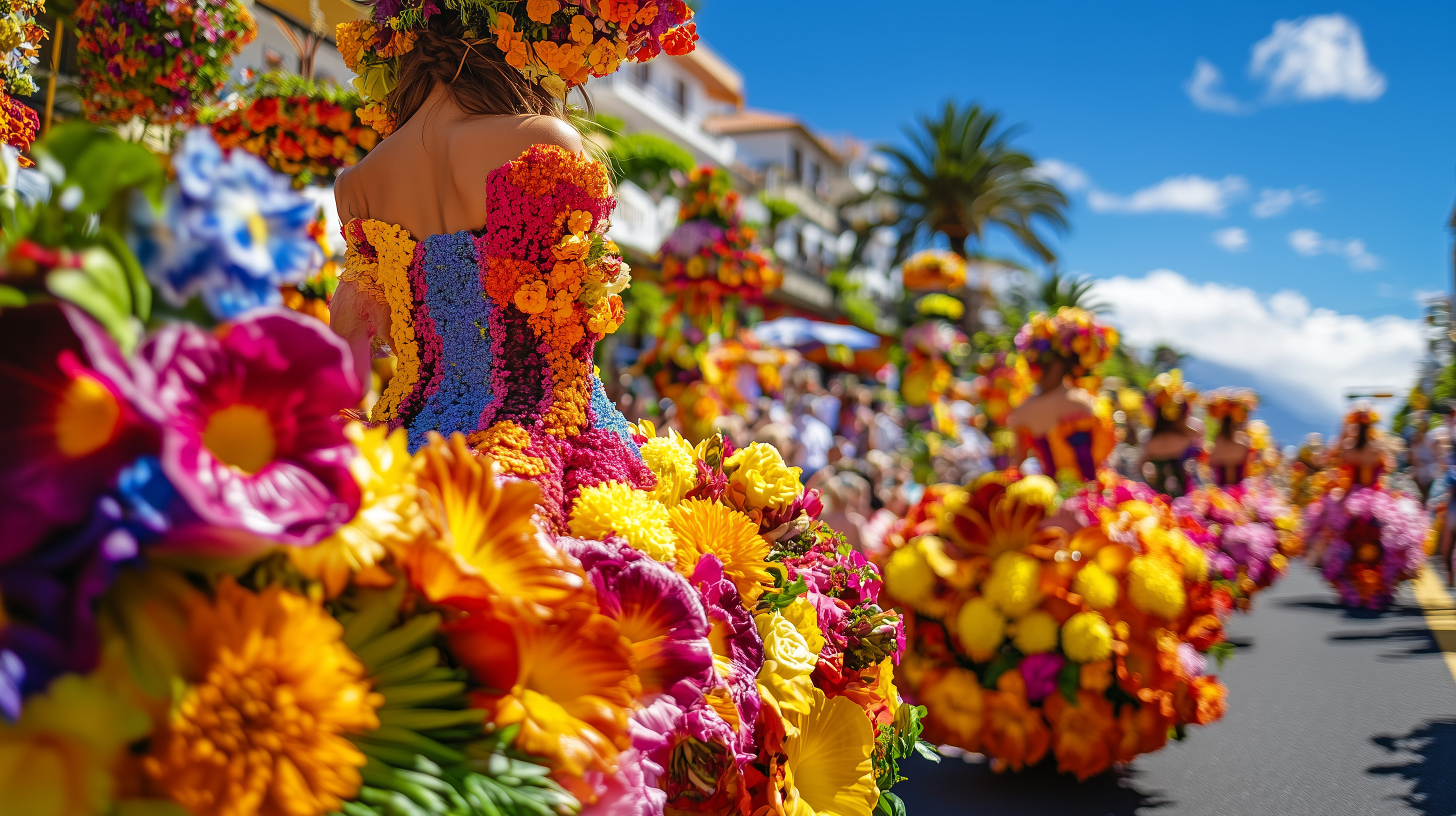 Kvinder iført farverige blomsterkjoler går i parade gennem gaderne i Funchal under Madeiras blomsterfestival