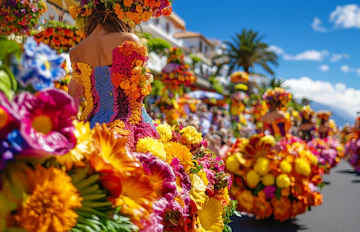 Kvinder iført farverige blomsterkjoler går i parade gennem gaderne i Funchal under Madeiras blomsterfestival