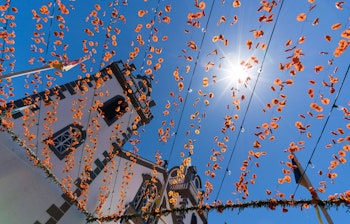 Farverige orange blomsterdekorationer ophængt over gaden under en traditionel festival på Madeira med klar blå himmel og solskin