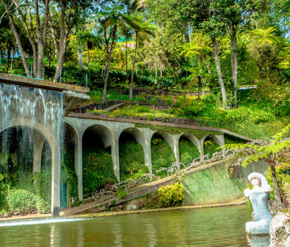Frodig tropisk landskab i Monte Palace Haven i Funchal, Madeira, med et smukt vandfald over buede strukturer, spejlblankt bassin og eksotisk vegetation på en solrig februardag
