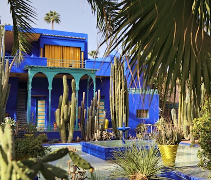 Den ikoniske koboltblå bygning i Majorelle-haven i Marrakech, omgivet af eksotiske palmer, kaktusser og frodig tropisk vegetation i denne historiske botaniske have i Marokko