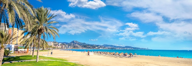 Panoramaudsigt over Malagueta-stranden med palmer og parasollen ved Middelhavet i Malaga, Costa del Sol, Andalusien, Spanien