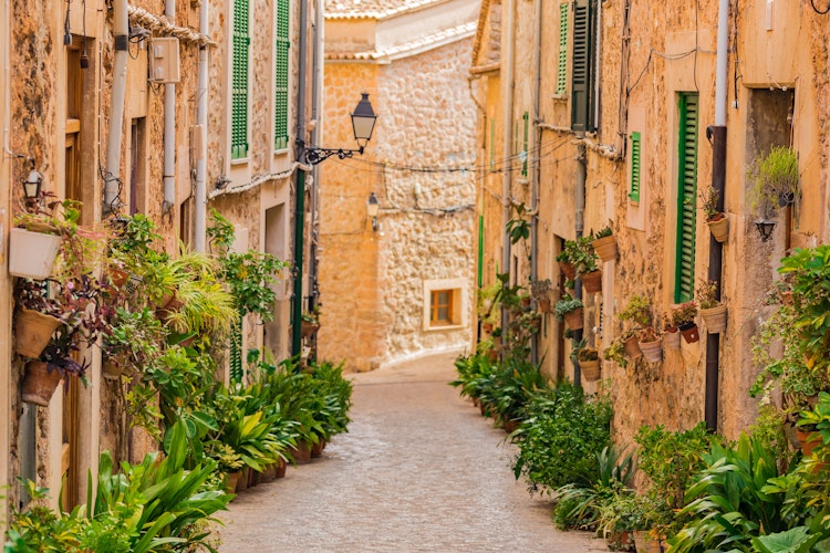 Idyllisk smal gade med blomsterpotter i den historiske bjerglandsby Valldemossa på Mallorca, Spanien