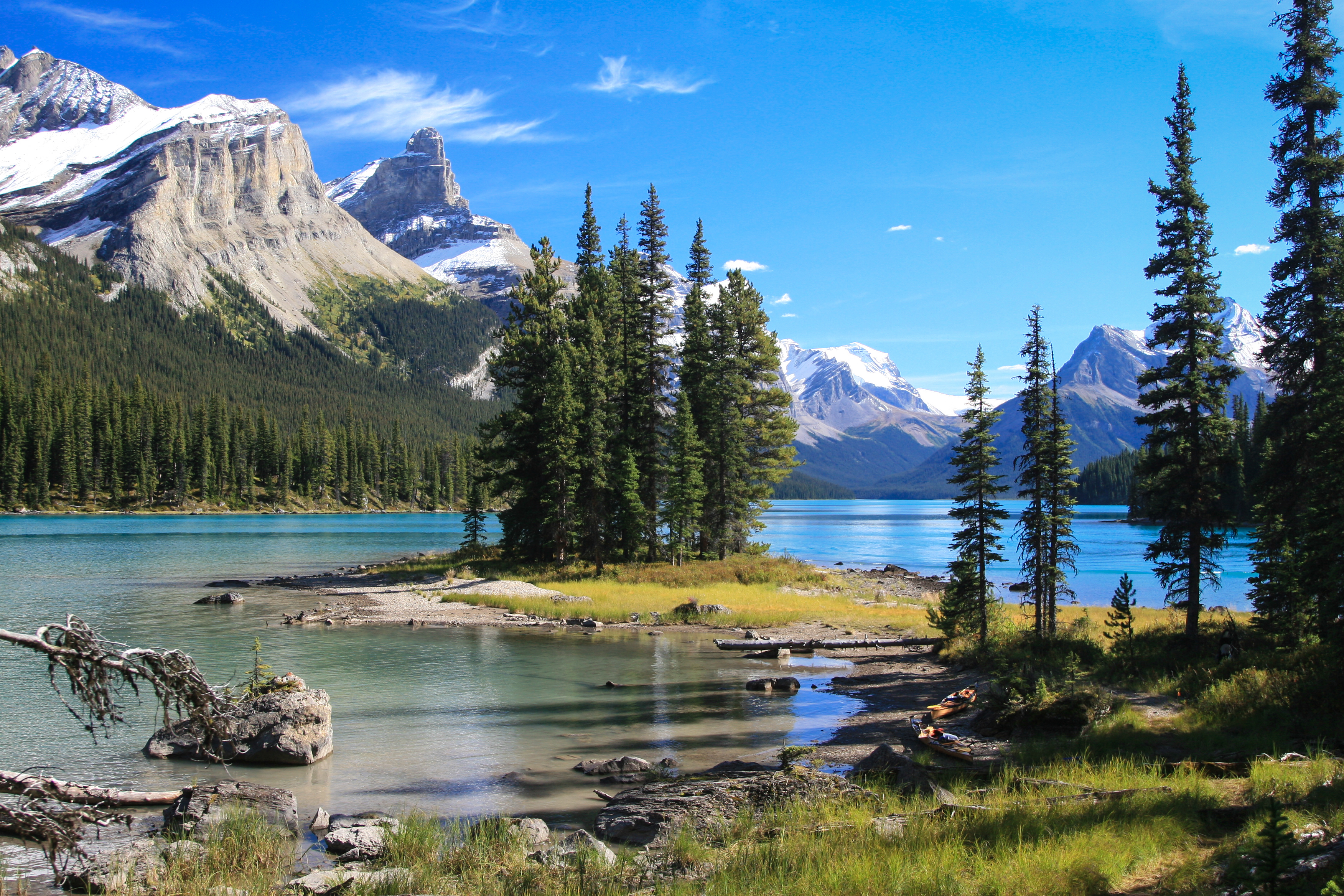 Maligne Lake med krystalklart vand omgivet af snedækkede bjerge og nåletræer i Jasper Nationalpark Canada
