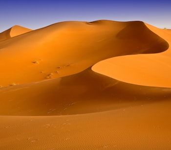 Gyldne sanddyner i Erg Chebbi-ørkenen i Marokko med klar blå himmel, perfekt til eventyrlige ørkenrejser