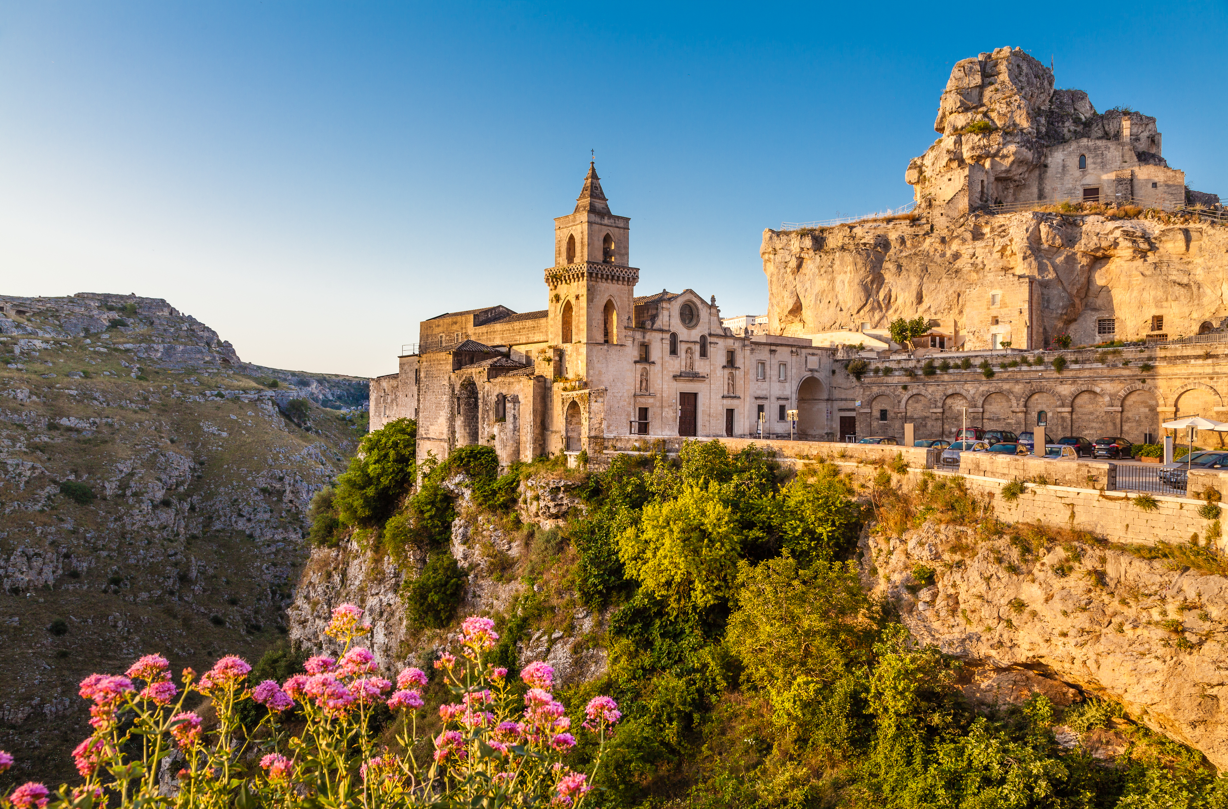 Historiske stenhuse og kirketårn i den gamle by Matera, Italien med blomster i forgrunden