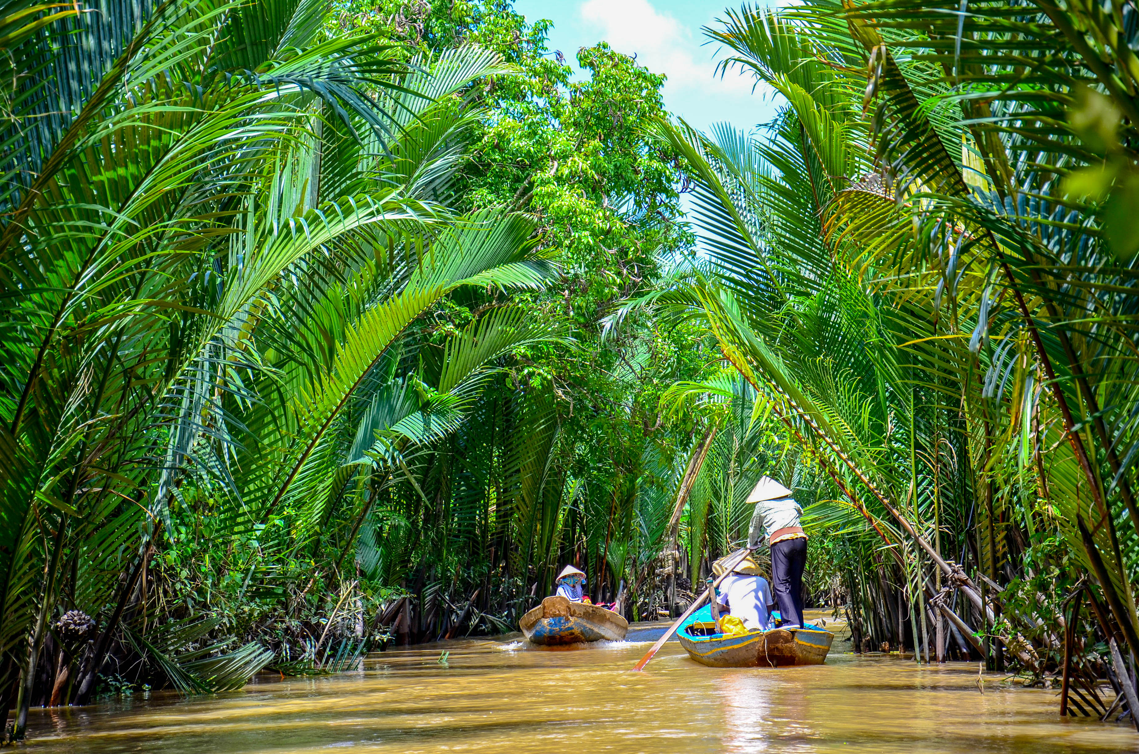 Idyllisk sejltur på traditionelle både gennem Mekong Deltaets grønne kanaler med lokale vietnamesiske guider i frodig palmeskov