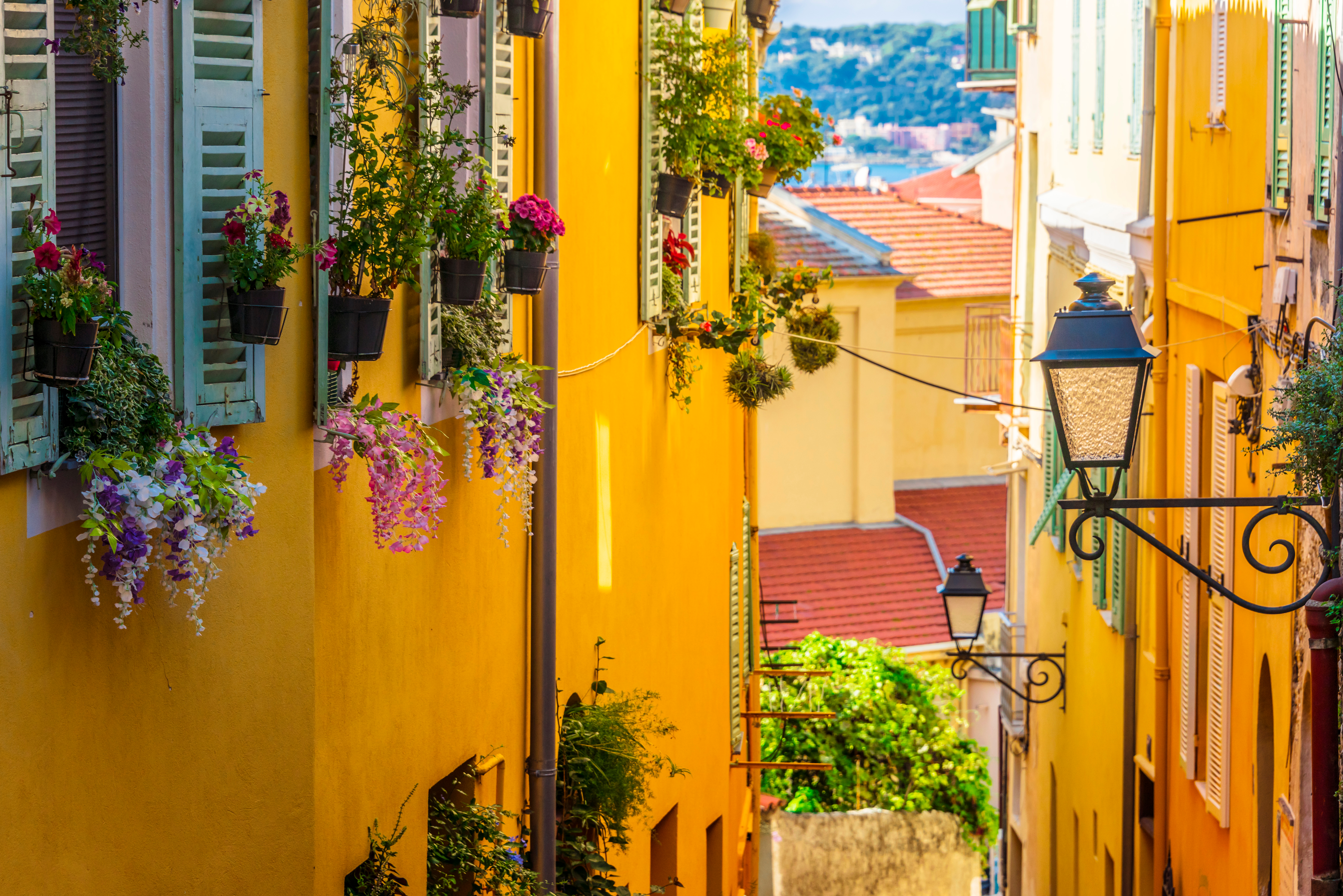 Smuk smal gade i Mentons gamle bydel med gule facader, hængende blomsterkurve og vintage gadelygter på den franske Riviera