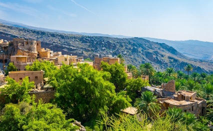 Luftfoto af den traditionelle bjerglandsby Misfat Al Abriyeen i Oman med frodige terrasser, palmetræer og karakteristiske lerhuse