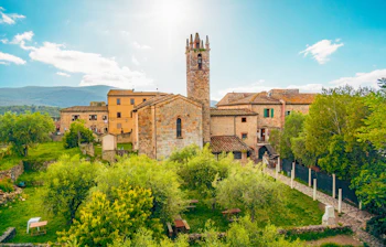 Panoramaudsigt over den middelalderlige bjerglandsby Monteriggioni i Toscana, Italien, med en stentårnskirke omgivet af grønne træer og terrakottafarvet bebyggelse