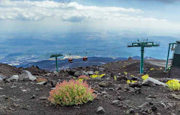 Mount Etna kabelbane station med vulkansk landskab og farverig vegetation på Sicilien, Italien