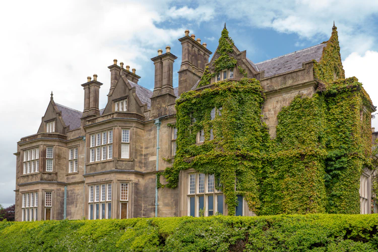 Muckross House i Killarney National Park, Irland – en smuk victoriansk herregård dækket af vedbend med velklippede hække i forgrunden