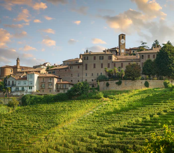 Idyllisk udsigt over Neive landsby med historisk tårn omgivet af Langhe vinmarker i Piemonte, Norditalien - UNESCO verdensarv