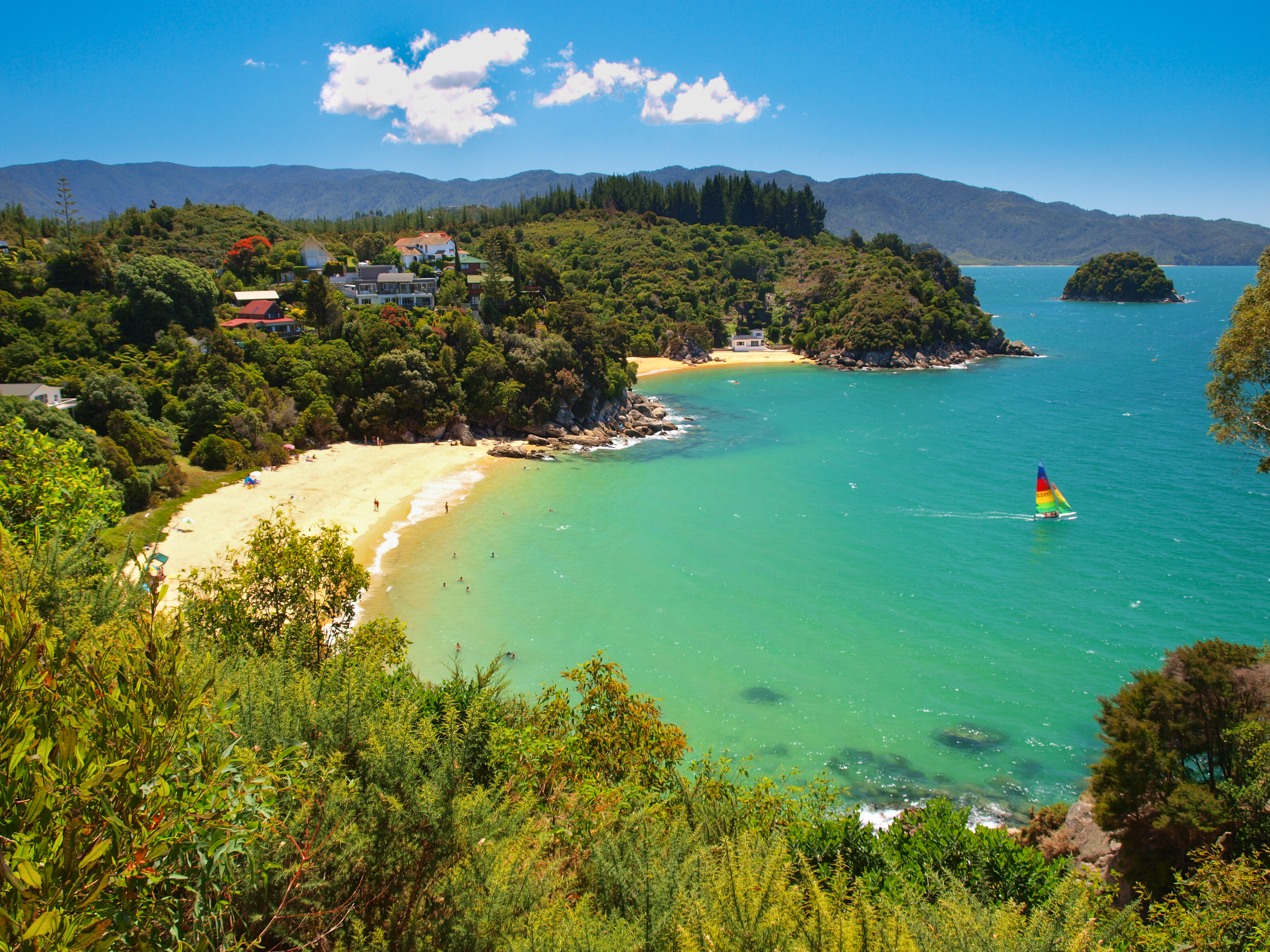 Smuk bugt med turkisblåt vand og sejlbåd i New Zealand