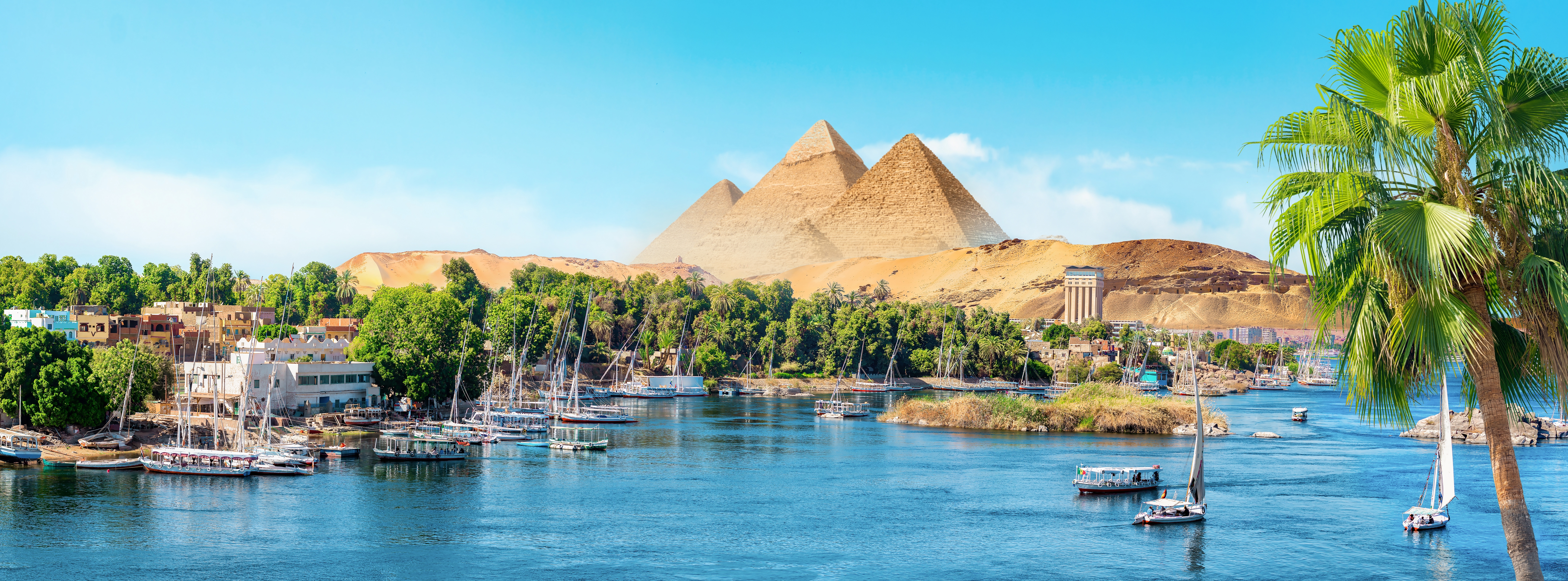Panoramaudsigt over Nilen i Aswan med traditionelle felucca-sejlbåde, frodige palmtræer og de ikoniske egyptiske pyramider i baggrunden under en klar blå himmel