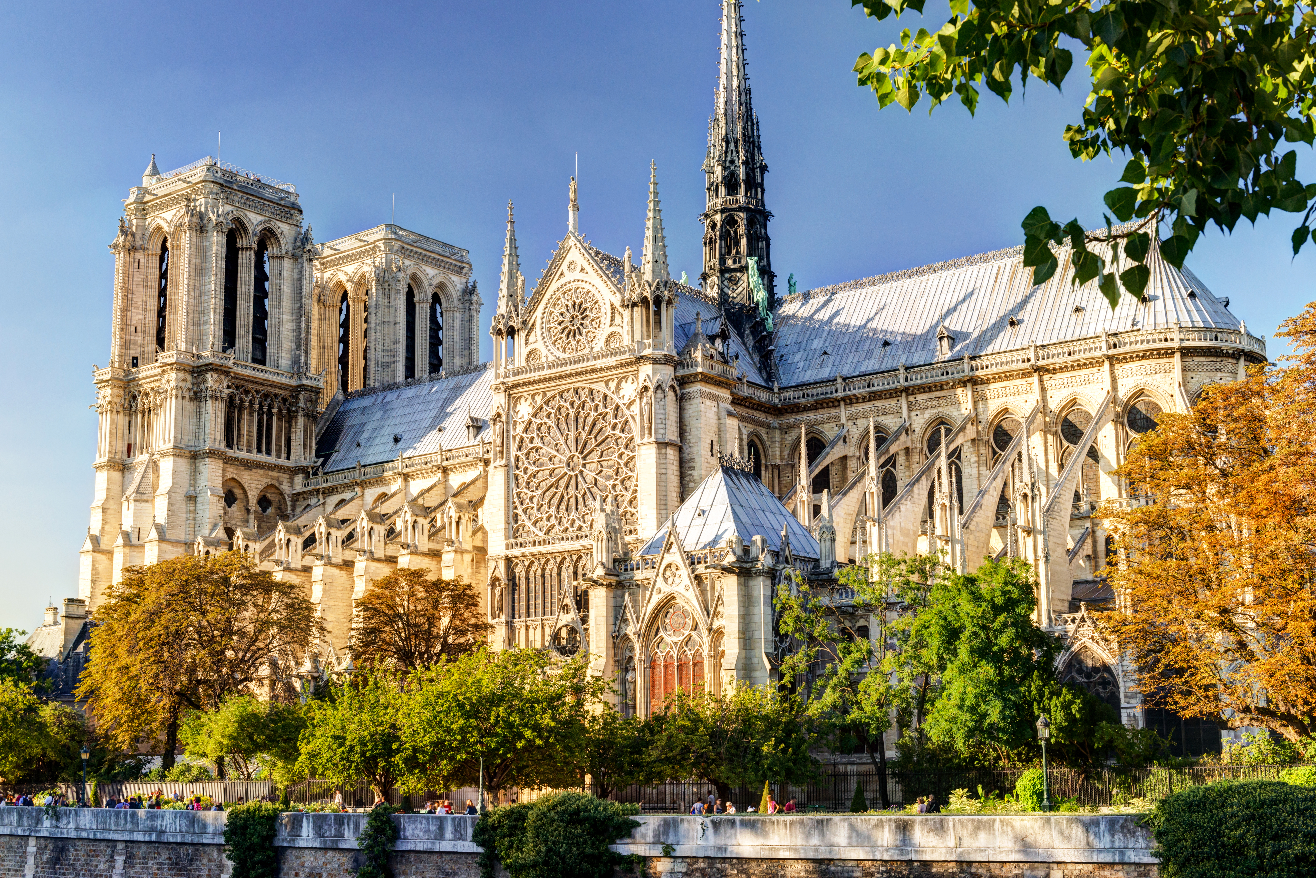 Den historiske Notre Dame katedral i Paris med sin gotiske arkitektur ved Seinen på en solrig sommerdag