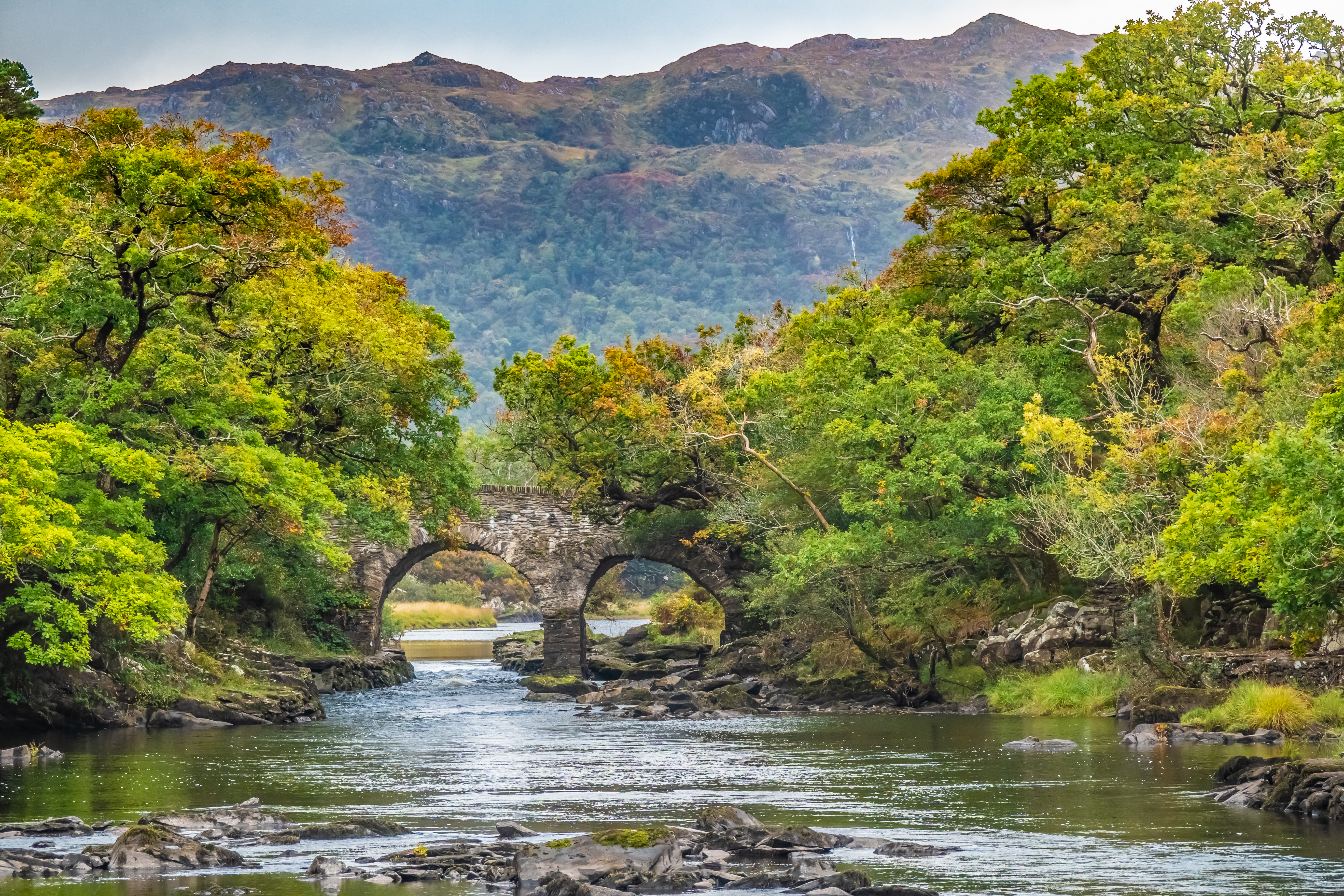 Den historiske Old Weir Bridge ved Meeting of the Waters i Killarney National Park, hvor de tre søer mødes på vandreruten Muckross Lake Loop