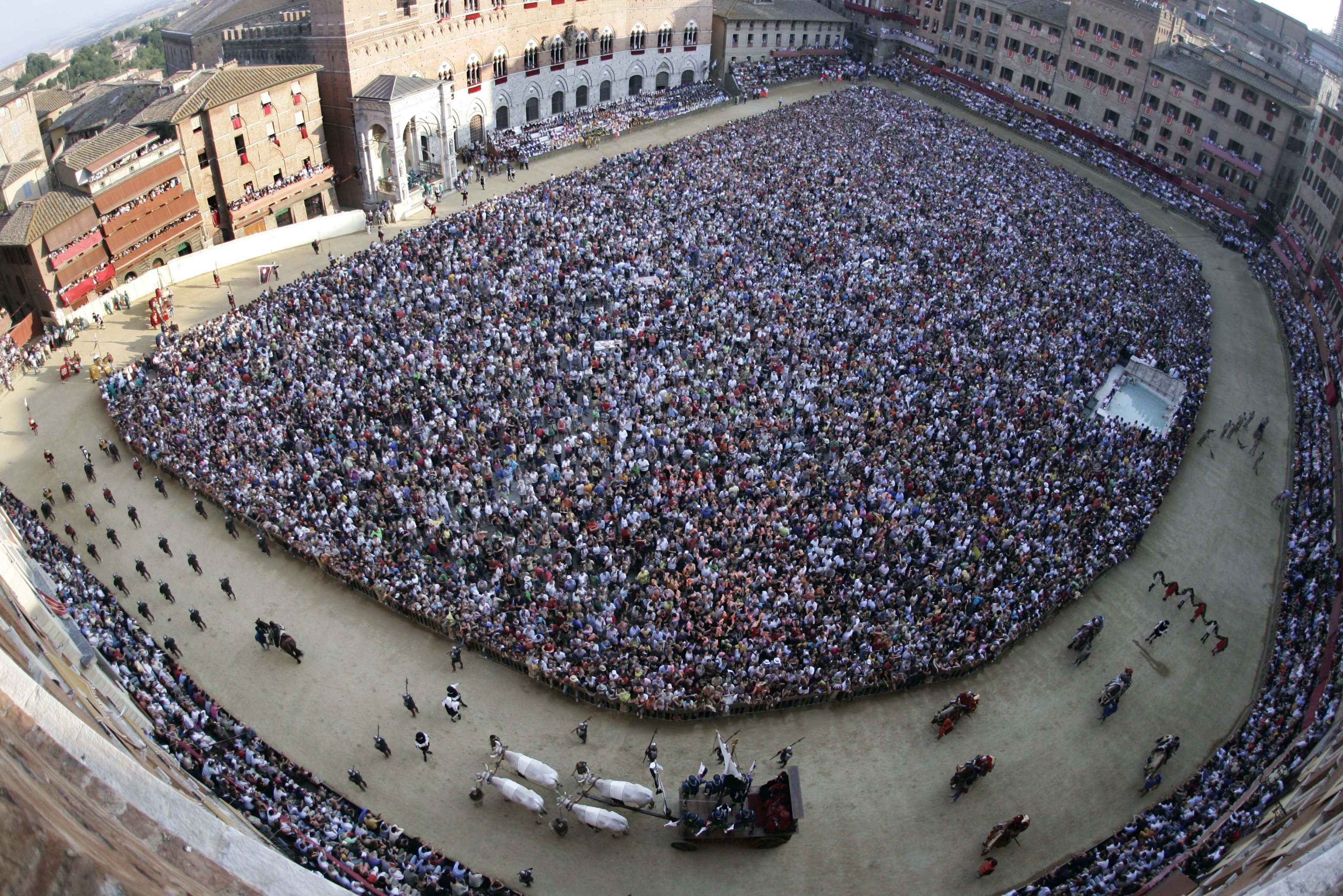 Storslået panoramaudsigt over det historiske Palio-hesteløb på Piazza del Campo i Siena, hvor tusindvis af tilskuere fylder den middelalderlige plads i Toscana