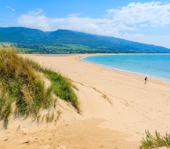 Betagende udsigt over den uberørte Paloma-strand fra en gylden sandklit, med turkisblåt vand og den smukke kystlinje langs Costa de la Luz i Andalusien, Spanien - oplev Spaniens naturskønne strande