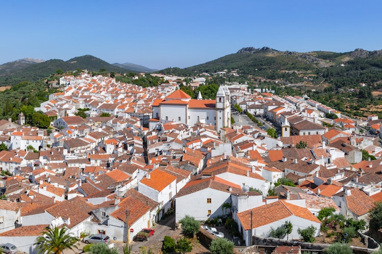 Panoramaudsigt over de historiske røde tage i Castelo de Vide set fra slotstårnet i Alto Alentejo, Portugal