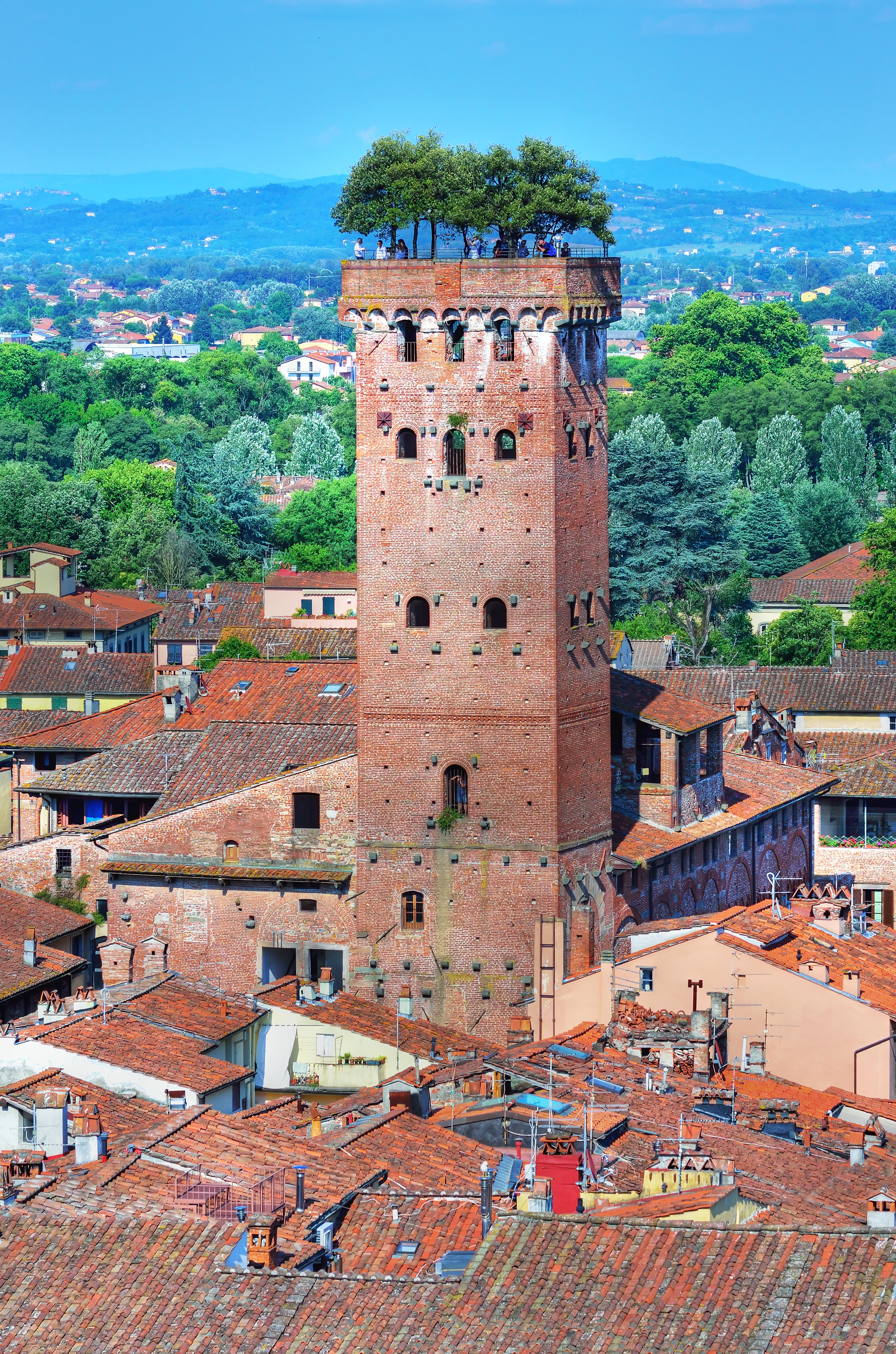 Betagende panoramaudsigt over middelalderbyen Lucca med det historiske Guinigi-tårn, der rejser sig over de terrakottafarvede tage i Toscana, Italien