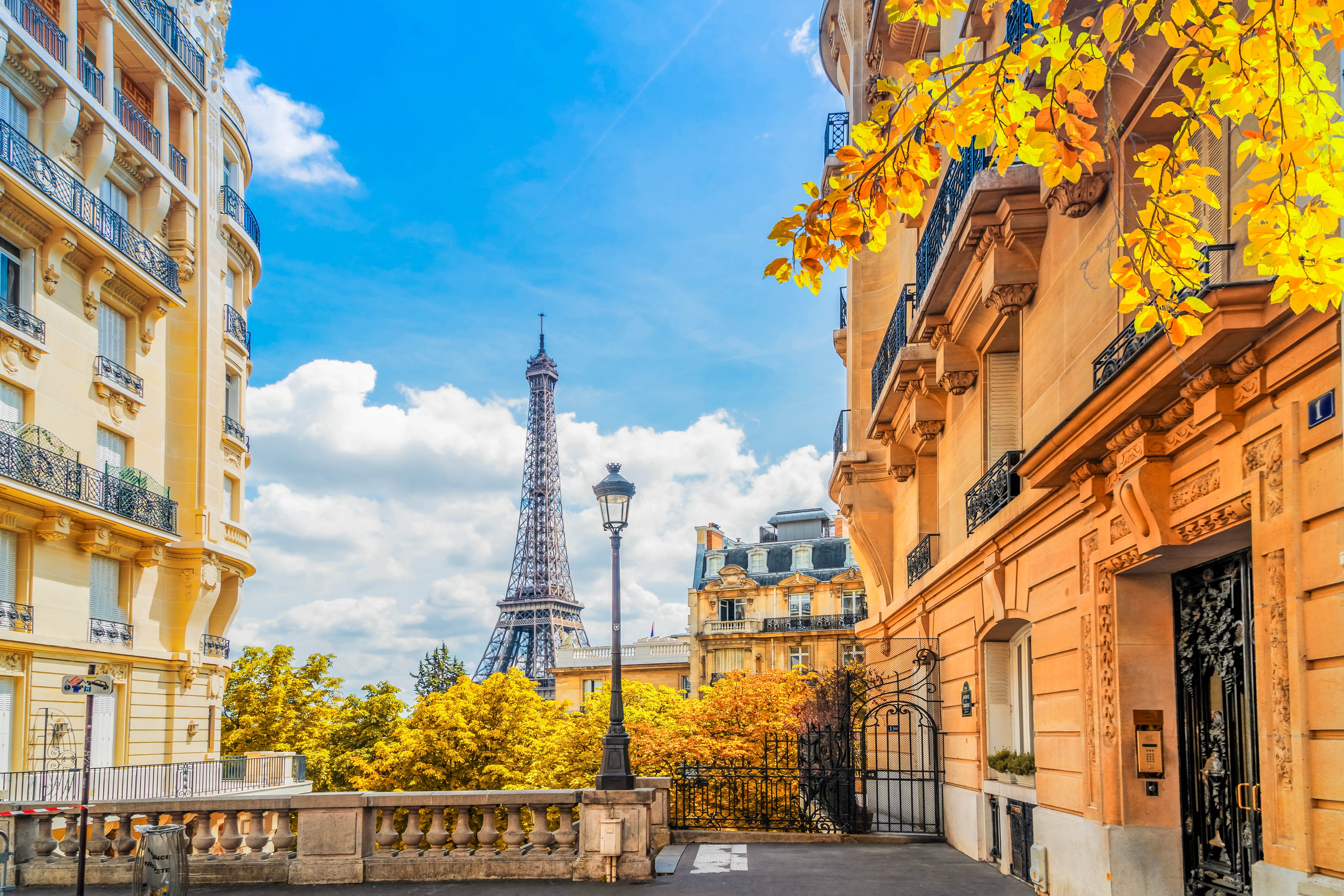 Stemningsfuld parisisk gade om efteråret med gyldne blade og udsigt til Eiffeltårnet mellem klassiske Haussmann-bygninger under en blå himmel