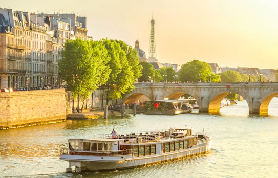 Udsigt over Pont Neuf broen og Seinen i Paris med et flodkrydstogt i solnedgangen og Eiffeltårnet i baggrunden