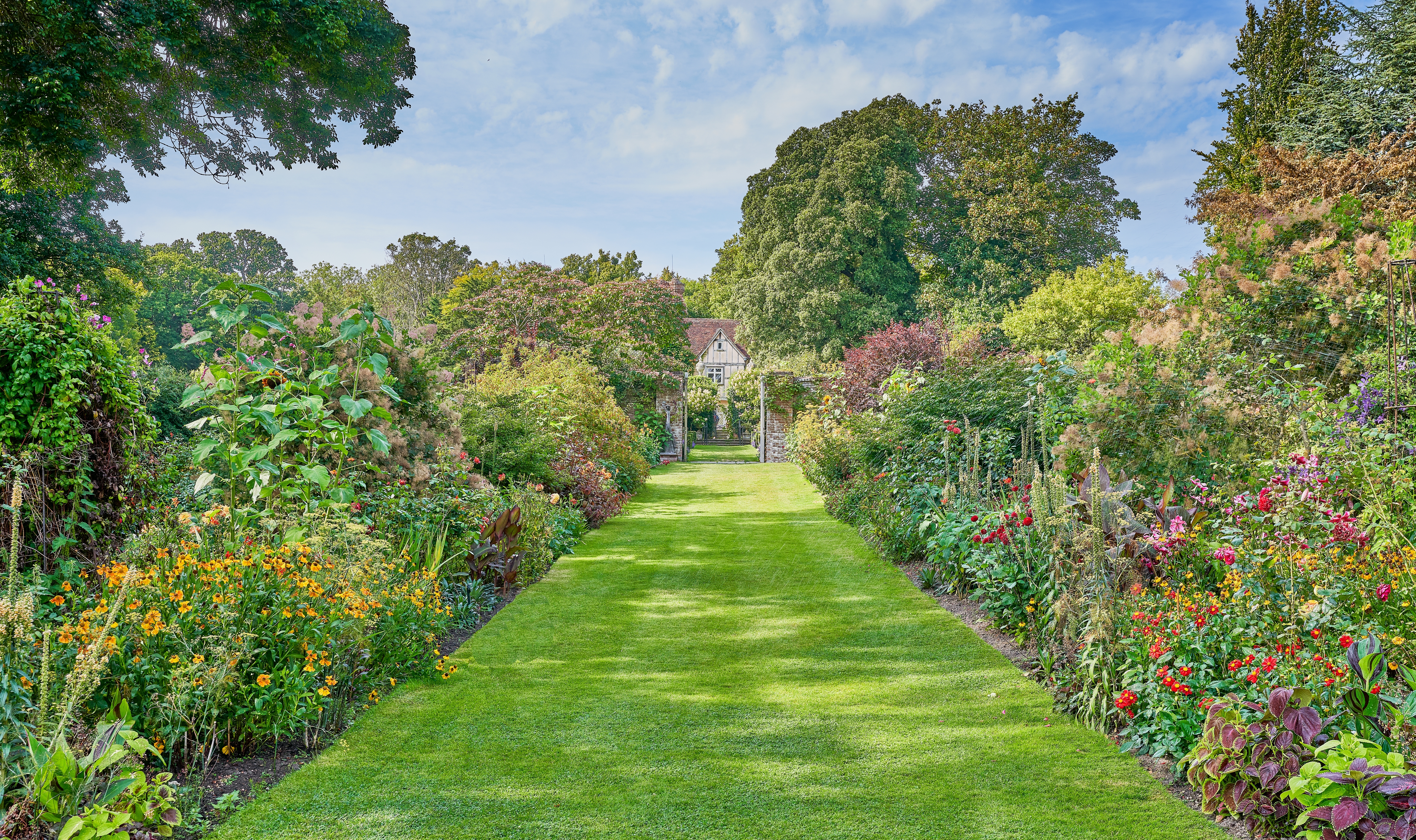 Smuk engelsk have ved Pashley Manor Gardens med farverige blomsterborde langs en grøn græsgang der fører mod det historiske herregårdsanlæg