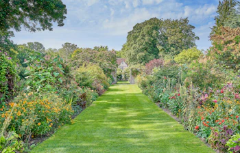 Smuk engelsk have ved Pashley Manor Gardens med farverige blomsterborde langs en grøn græsgang der fører mod det historiske herregårdsanlæg