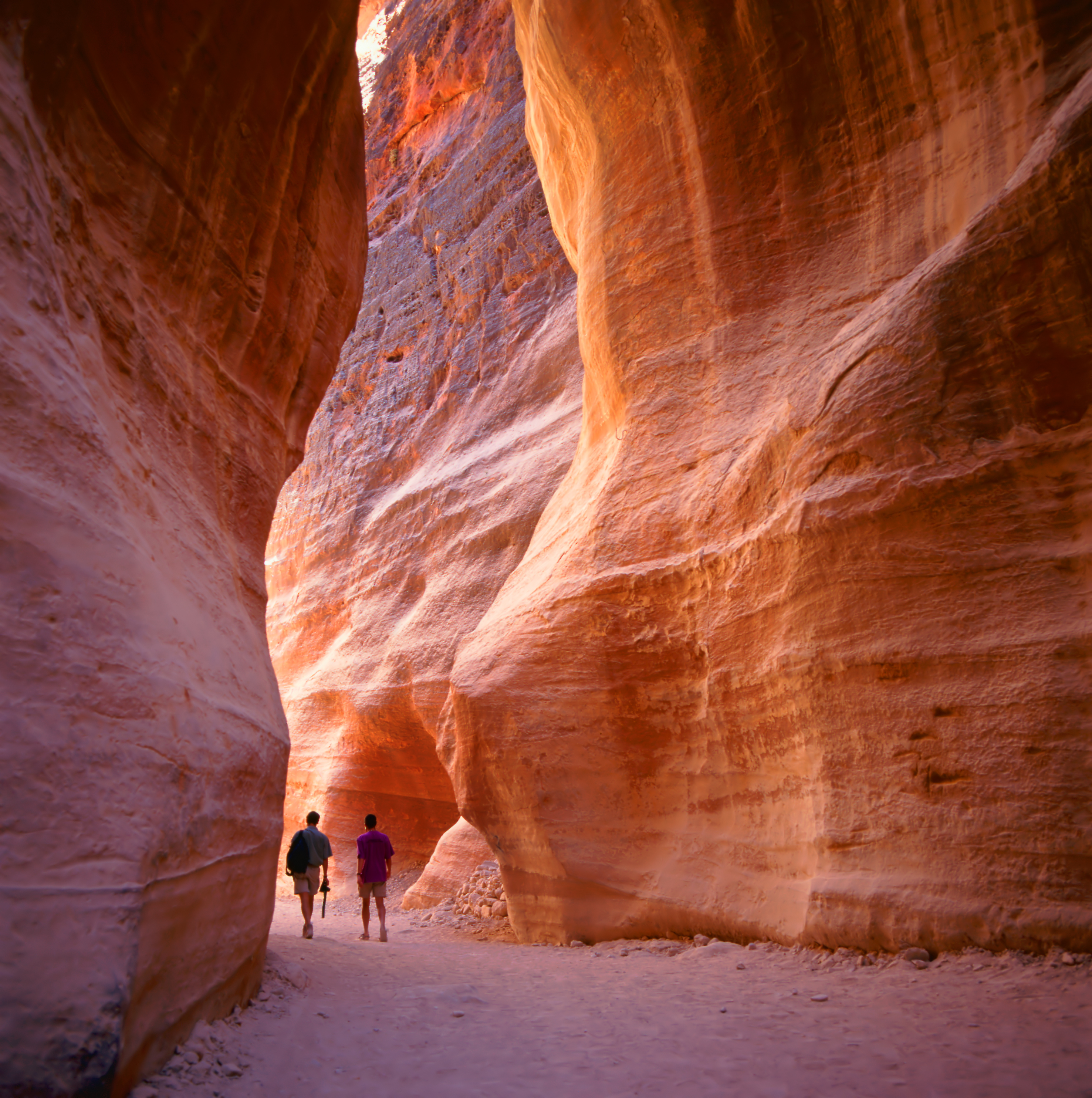 To turister går gennem den smalle Siq canyon indgang til Petra i Jordan med dramatiske røde sandstenvægge