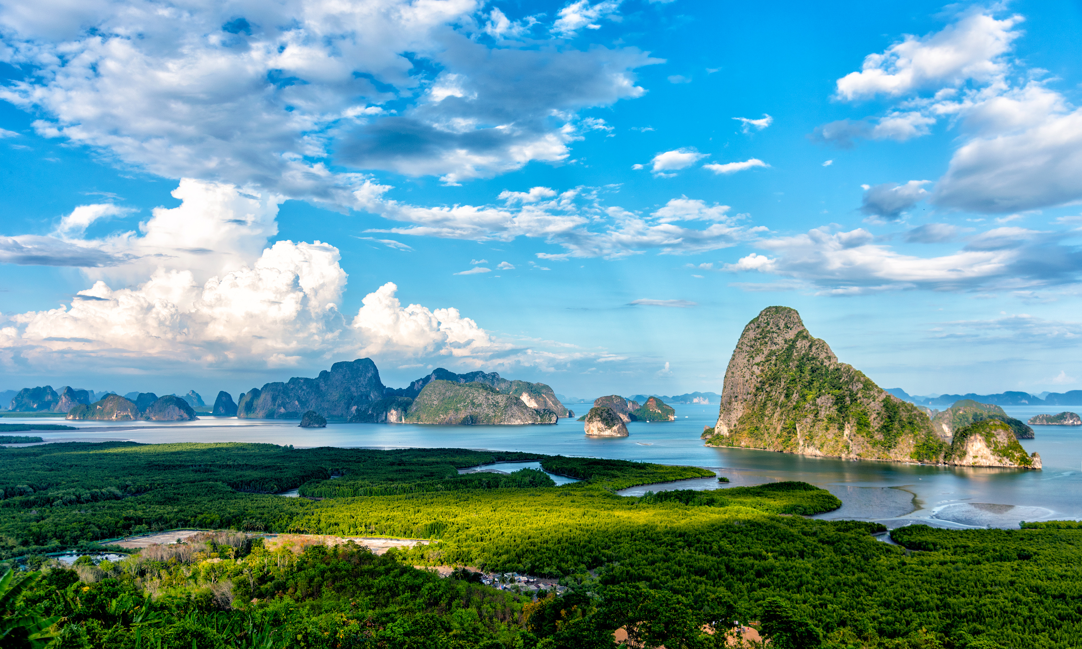 Panoramaudsigt over Phang Nga Bugt i Thailand med dramatiske kalkstensøer der rejser sig fra det turkisblå vand omgivet af frodig mangroveskov